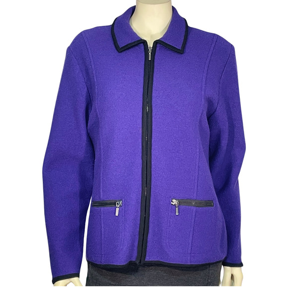 Laura Ashley Petite Sz PL Zip-Up Cardigan Jacket with Collar Purple Boiled Wool - Picture 1 of 7